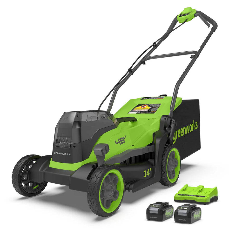 48V (24V x 2) 14" Cordless Battery Brushless Push Lawn Mower w/ (2) 4.0Ah Battery & 2A Dual-port Charger